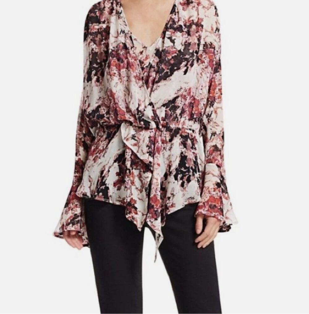 IRO Pardon Floral Draped Blouse Silk Blend Bell Sleeve Boho Top & Tank FR 42 L